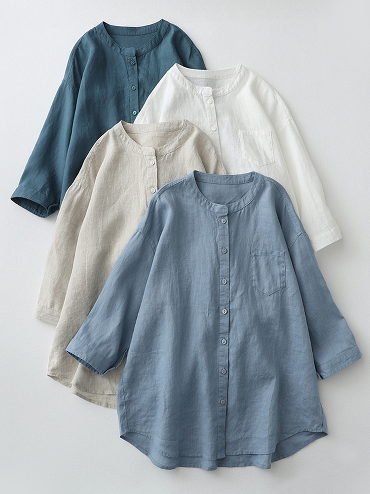 Linen Shirt Breathable - 캐주얼 루즈핏 린넨 코튼 혼방 여성