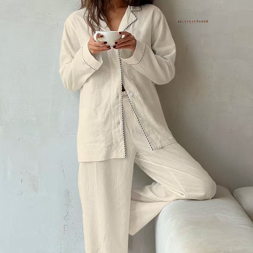 코튼 여성 파자마 세트, 대비색 스티치 라펠 칼라 버튼 - Linen Shirt Breathable 리뷰 및 가격