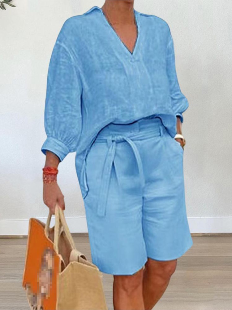 여성용 반팔 V넥 셔츠 및 포켓 벨트 반바지, 우아한  - Linen Shirt Breathable 리뷰 및 가격